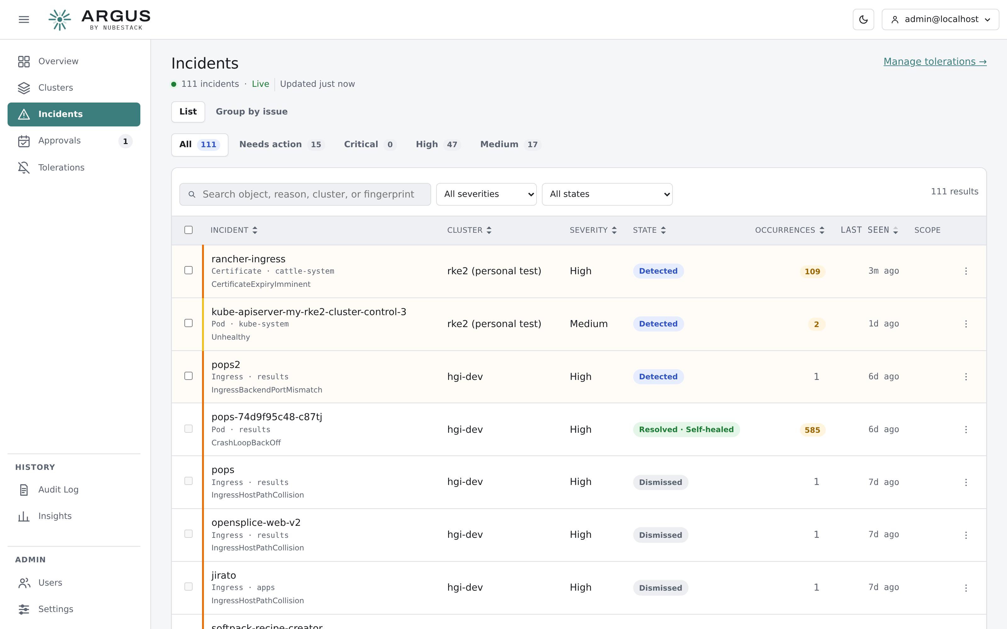The incidents list, with search, severity and state filters, showing one row per affected
object