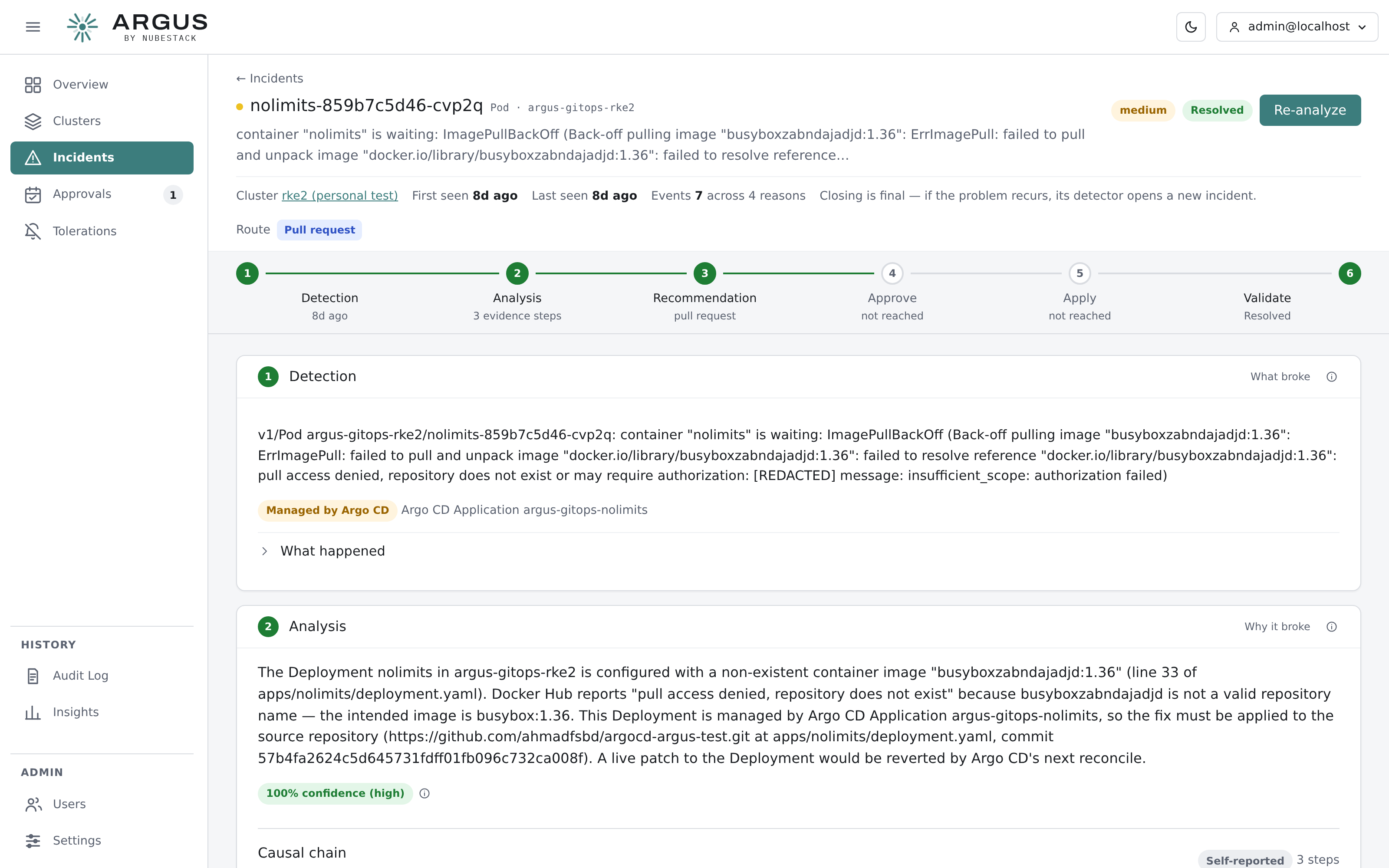 An incident detail page, showing the six-stage lifecycle rail and the detection and
analysis cards