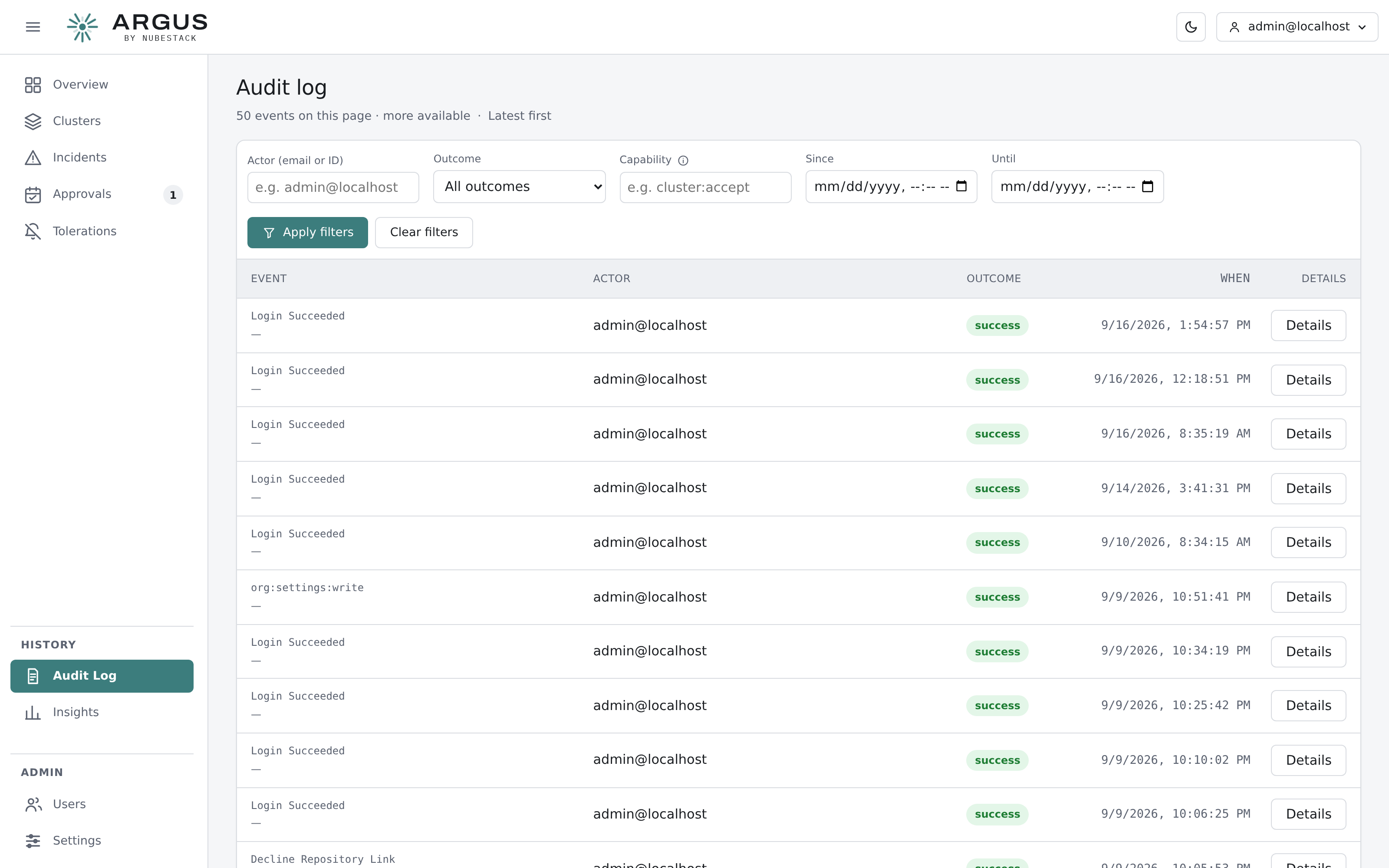 The audit log, listing actions with actor, capability, outcome, cluster and
timestamp