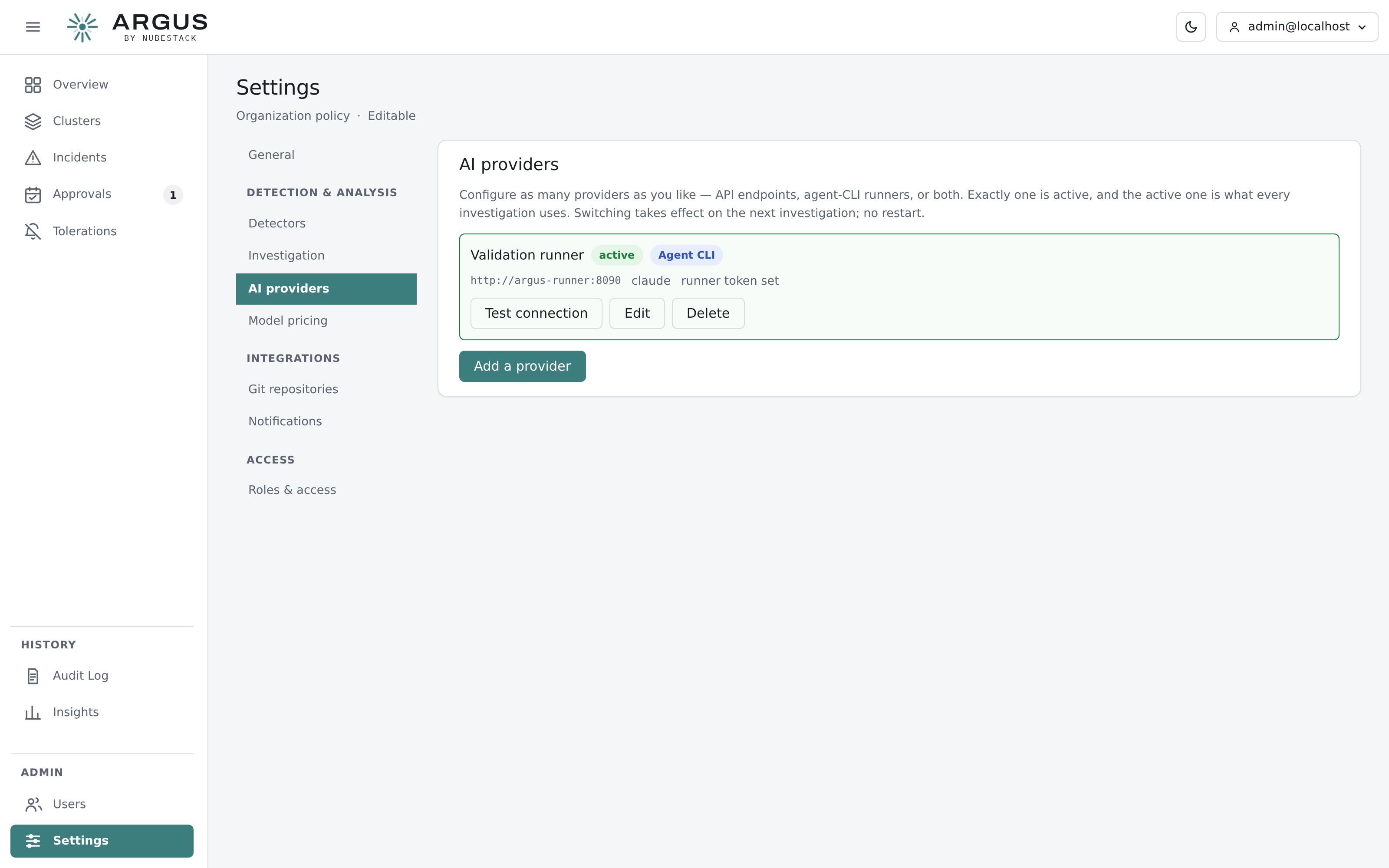The AI providers page, showing a configured agent-CLI runner marked active with a Test
connection control