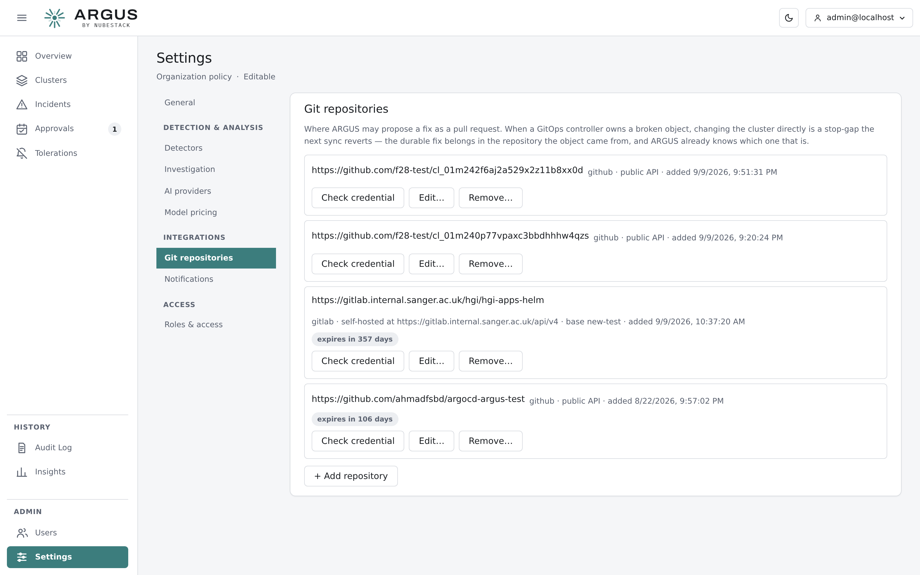 The Git repositories page listing registered repositories with their provider, host and
credential expiry