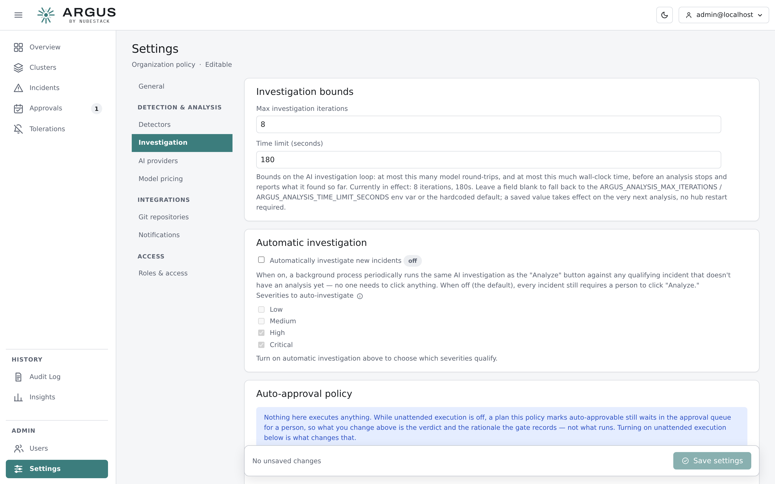 The investigation settings, showing bounds, the automatic-investigation switch and
severity selection