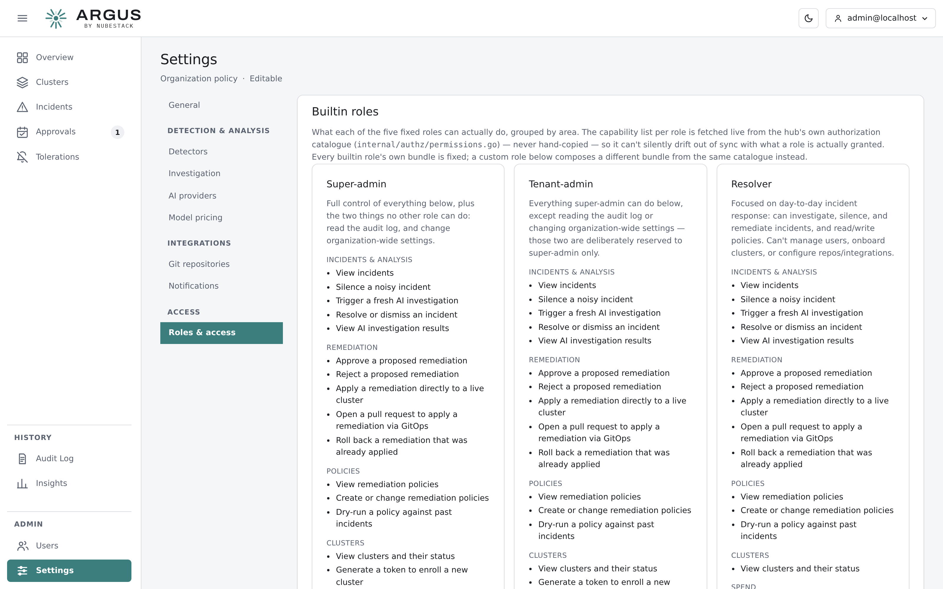 The roles and access page, listing each built-in role's capabilities grouped by
area