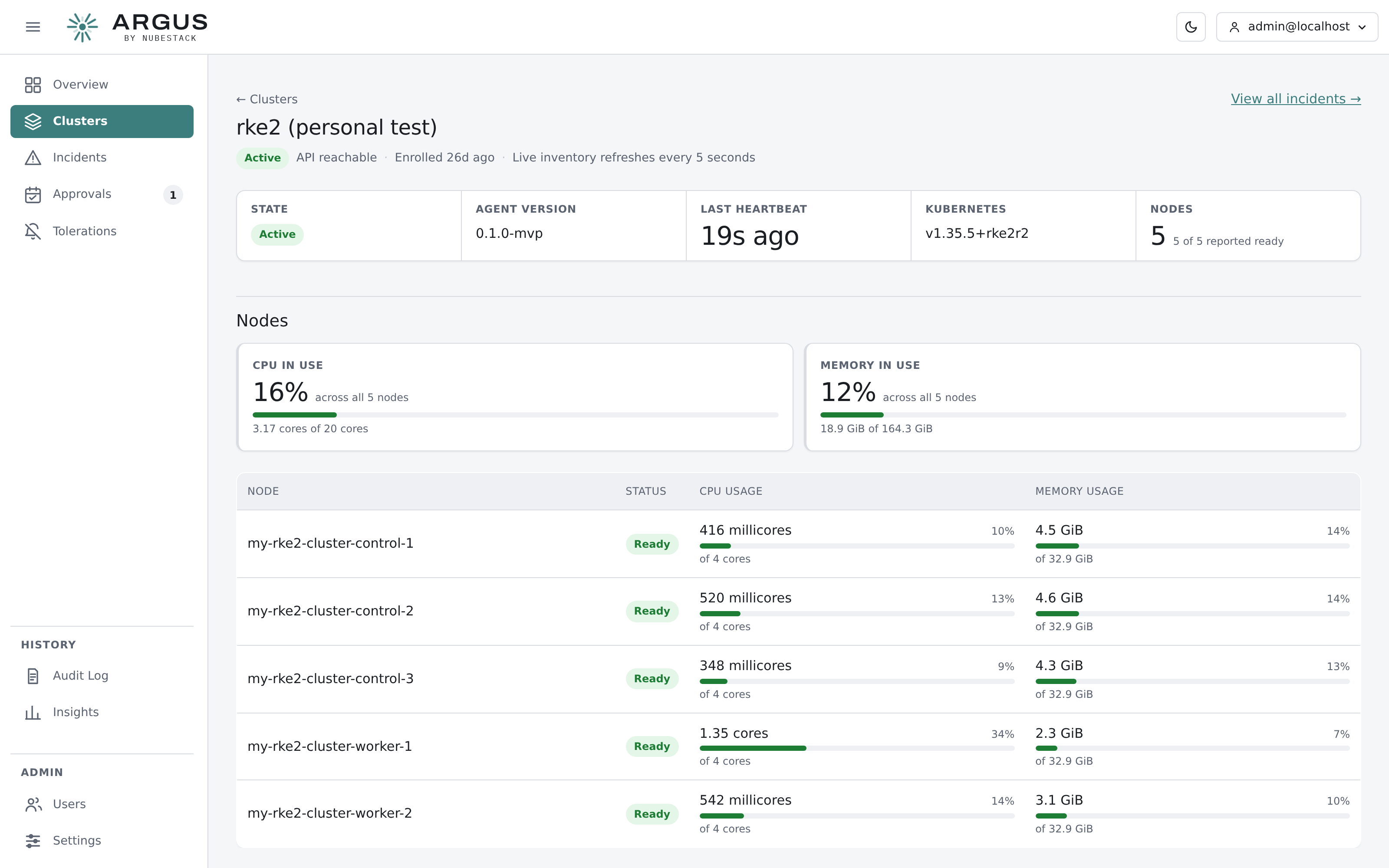A cluster detail page showing node status, discovered resources and remediation
configuration