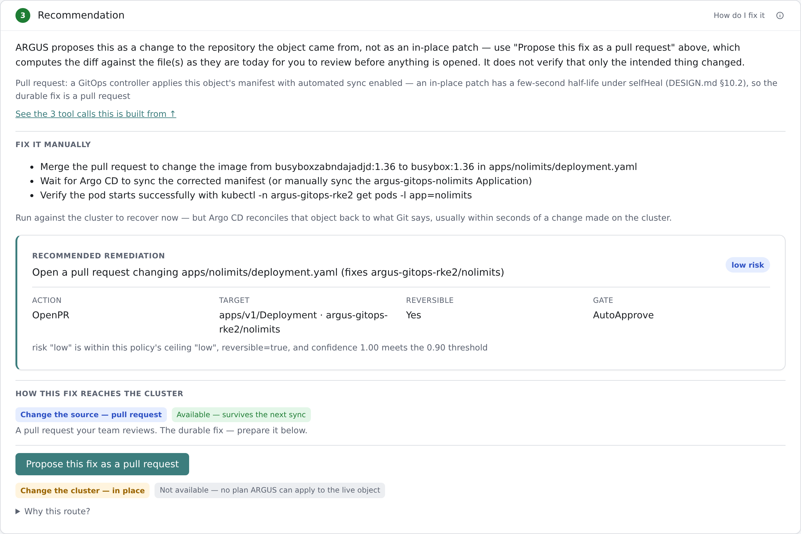 The recommendation card, showing the pull-request and in-place channels with their
availability and the rendered change